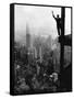 Man Waving from Empire State Building Construction Site-null-Framed Stretched Canvas