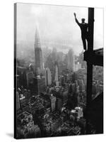 Man Waving from Empire State Building Construction Site-null-Stretched Canvas