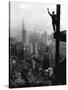 Man Waving from Empire State Building Construction Site-null-Stretched Canvas