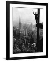 Man Waving from Empire State Building Construction Site-null-Framed Premium Photographic Print