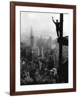 Man Waving from Empire State Building Construction Site-null-Framed Photographic Print