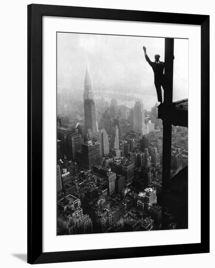 Man Waving from Empire State Building Construction Site-null-Framed Photographic Print