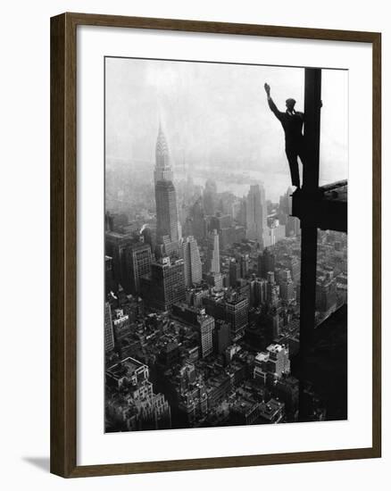 Man Waving from Empire State Building Construction Site-null-Framed Photographic Print