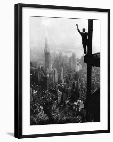 Man Waving from Empire State Building Construction Site-null-Framed Photographic Print