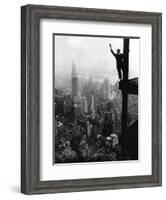 Man Waving from Empire State Building Construction Site-null-Framed Photographic Print