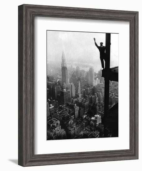 Man Waving from Empire State Building Construction Site-null-Framed Photographic Print