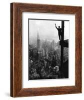 Man Waving from Empire State Building Construction Site-null-Framed Photographic Print