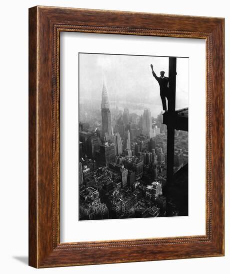 Man Waving from Empire State Building Construction Site-null-Framed Photographic Print