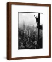 Man Waving from Empire State Building Construction Site-null-Framed Photographic Print