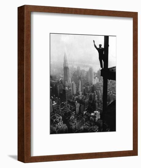 Man Waving from Empire State Building Construction Site-null-Framed Photographic Print