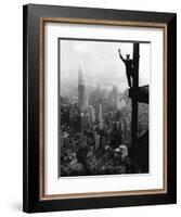 Man Waving from Empire State Building Construction Site-null-Framed Photographic Print