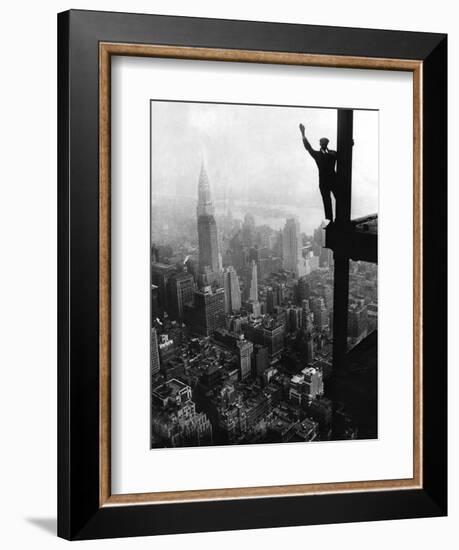 Man Waving from Empire State Building Construction Site-null-Framed Photographic Print