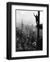 Man Waving from Empire State Building Construction Site-null-Framed Photographic Print