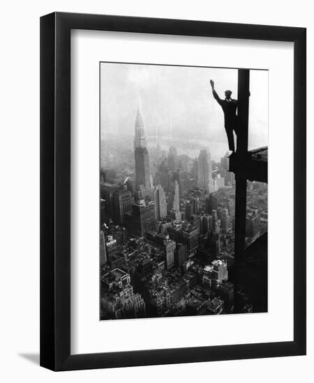 Man Waving from Empire State Building Construction Site-null-Framed Photographic Print