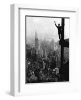 Man Waving from Empire State Building Construction Site-null-Framed Photographic Print