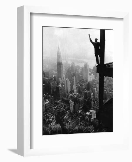 Man Waving from Empire State Building Construction Site-null-Framed Photographic Print