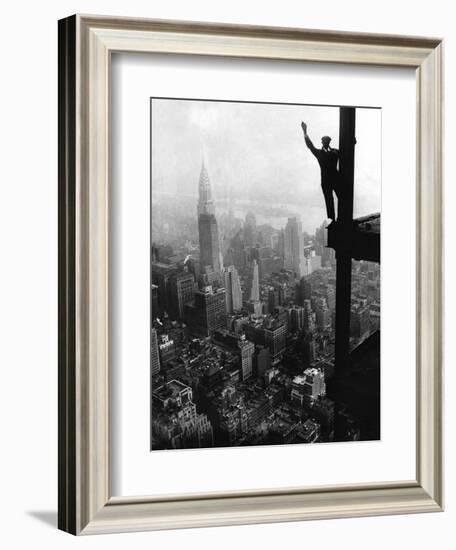 Man Waving from Empire State Building Construction Site-null-Framed Photographic Print