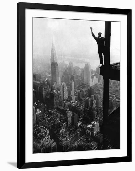 Man Waving from Empire State Building Construction Site-null-Framed Photographic Print