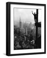 Man Waving from Empire State Building Construction Site-null-Framed Photographic Print