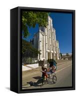 Man With a Rickshaw in Front of a Modern Church in Mahajanga, Madagascar, Africa-null-Framed Stretched Canvas