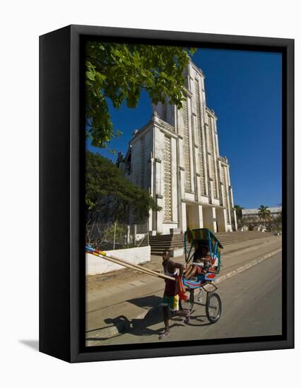 Man With a Rickshaw in Front of a Modern Church in Mahajanga, Madagascar, Africa-null-Framed Stretched Canvas