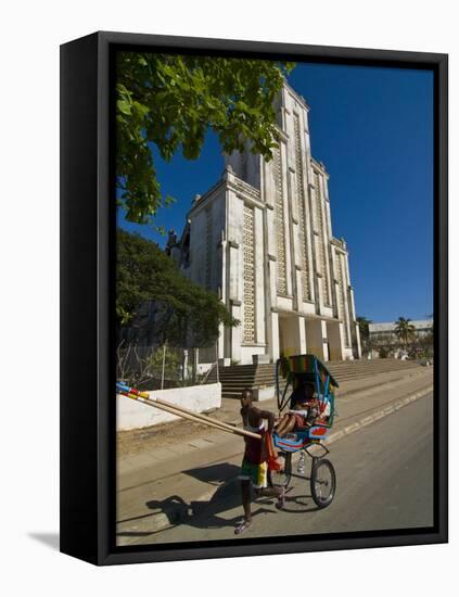 Man With a Rickshaw in Front of a Modern Church in Mahajanga, Madagascar, Africa-null-Framed Stretched Canvas