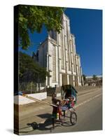Man With a Rickshaw in Front of a Modern Church in Mahajanga, Madagascar, Africa-null-Stretched Canvas