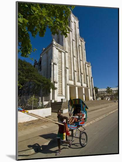 Man With a Rickshaw in Front of a Modern Church in Mahajanga, Madagascar, Africa-null-Mounted Photographic Print