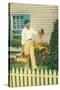 Man with Carrots in Yard-null-Stretched Canvas