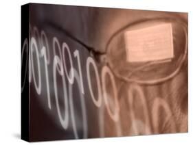 Man with Computer Screen Reflected in Glasses and Binary Code-null-Stretched Canvas