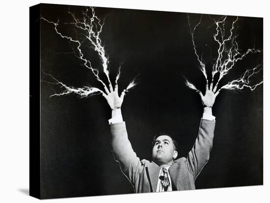 Man with Lightning Shooting from Fingers (B&W)-Hulton Archive-Stretched Canvas