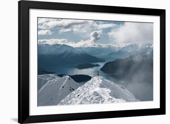 Man with Open Arms at Roy's Peak Iconic Lookout in Winter Season. Wanaka, New Zealand-Andres Jacobi-Framed Photographic Print