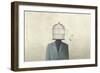 man with open birdcage over his head, surreal freedom concept-Francesco Chiesa-Framed Art Print