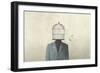 man with open birdcage over his head, surreal freedom concept-Francesco Chiesa-Framed Art Print