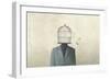 man with open birdcage over his head, surreal freedom concept-Francesco Chiesa-Framed Art Print