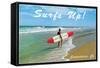 Man with Surf Board on Beach, Carpinteria-null-Framed Stretched Canvas