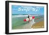 Man with Surf Board on Beach, Carpinteria-null-Framed Art Print