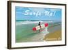 Man with Surf Board on Beach, Carpinteria-null-Framed Art Print