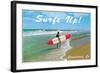 Man with Surf Board on Beach, Carpinteria-null-Framed Art Print