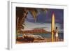 Man with Surfboard at Diamond Head-null-Framed Art Print