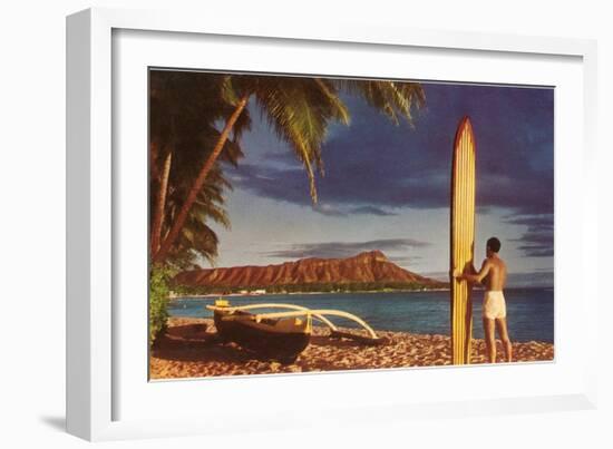 Man with Surfboard at Diamond Head-null-Framed Art Print