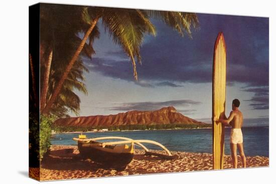 Man with Surfboard at Diamond Head-null-Stretched Canvas