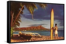 Man with Surfboard at Diamond Head-null-Framed Stretched Canvas