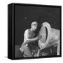 Man Working at One of the Sun Shipbuilding and Drydock Co. Shipyards-null-Framed Stretched Canvas