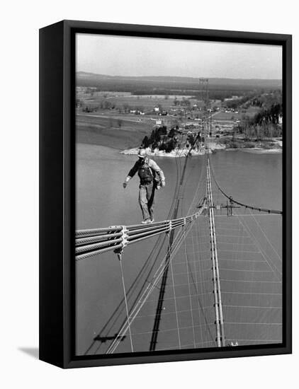 Man Working on the Texas Illinois Natural Gas Company's Pipeline Suspension Bridge-John Dominis-Framed Stretched Canvas