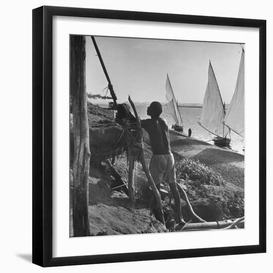 Man Working with Irrigation System as Sailboats Sit at Edge of Nile River at Wadi Halfa-null-Framed Photographic Print