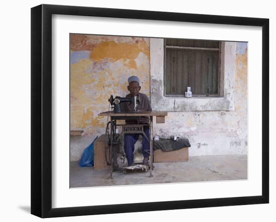 Man Works His Sewing Machine on Ibo Island, Part of the Quirimbas Archipelago, Mozambique-Julian Love-Framed Photographic Print