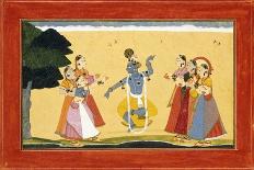 Krishna Dancing before the Cowgirls as They Clap their Hands, C.1730-1735 (W/C on Red Paper)-Manaku-Stretched Canvas