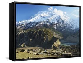 Manang Village and Annapurna Himalayan Range, Marsyangdi River Valley, Gandaki, Nepal-Jochen Schlenker-Framed Stretched Canvas