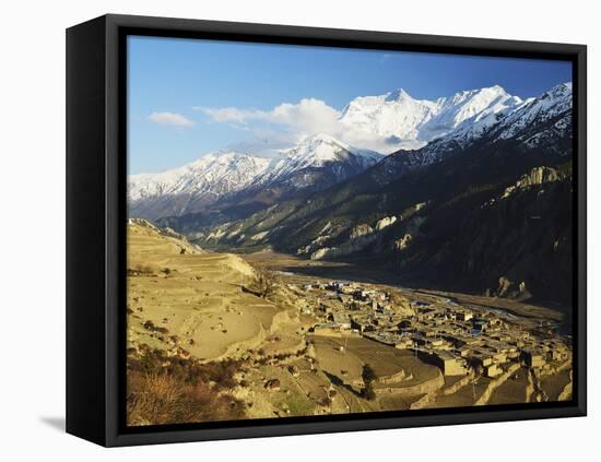 Manang Village and Annapurna Himalayan Range, Marsyangdi River Valley, Gandaki, Nepal-Jochen Schlenker-Framed Stretched Canvas